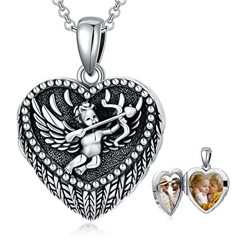 SOULMEET Angel Wing Heart Locket Necklace that Holds Picture Photo Locket Pendant You are My Angel Sterling Silver/Gold - style: D2-Angel cupid locket+photo