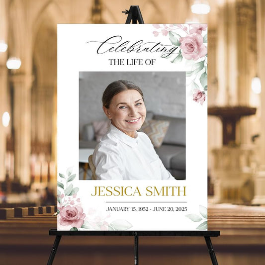 Funeral Welcome Sign, Celebration Of Life Decoration, Custom Memorial Welcome Signs with Picture, Celebration of Life Sign With Photo, Funeral Decorations, Blush Pink Greenery Gold Memorial Decor - color: Style #18
