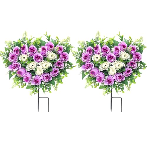 Lodou 2 Sets Artificial Cemetery Flowers, Grave Memorial Flowers with Ground Spike,Heart Shaped Wreaths Rose Flowers for Artificial Rose Decoration for Cemetery Headstones Gravesites (Purple) - color: Purple