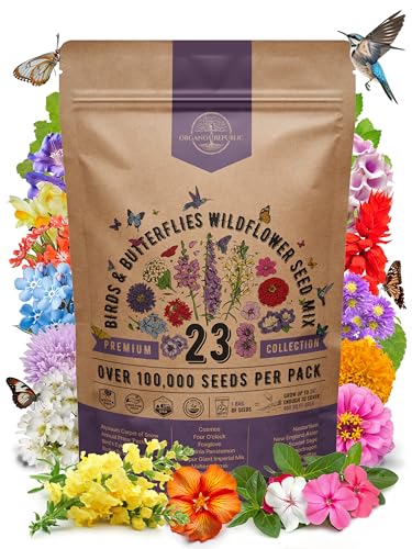 Organo Republic 23 Wildflower Seeds Annual & Perennial Mix for Indoor & Outdoors, Attract Birds & Butterflies 100,000+ Non-GMO, Heirloom Garden Seeds, 4oz Packet for Growing Wild Flowers
