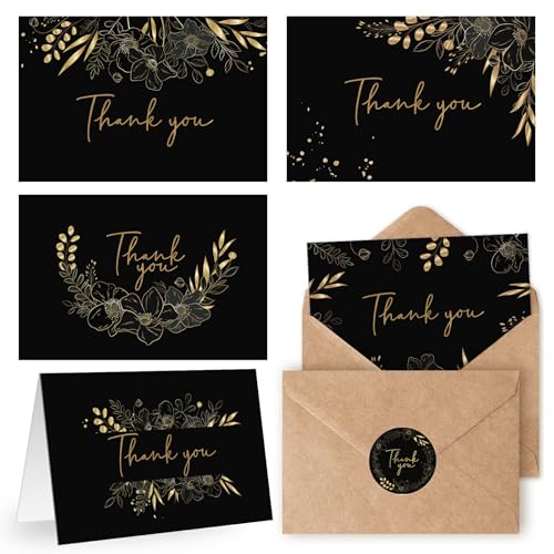 108 Pack Pre-Folded Floral Thank You Cards with Envelopes, 6 Designs | Pre-folded 300gsm thick cards & heavy-duty envelopes with stickers. Ideal for weddings & baby shower - Black Gold - color: Black Gold, size: 108 Pack
