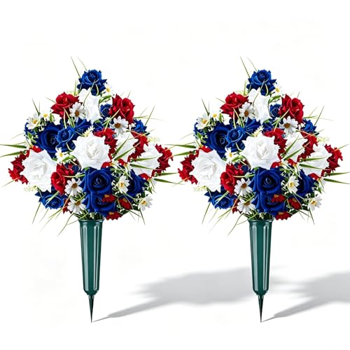 2 Set Artificial Patriotic Flowers Bouquet for Grave 4th of July Memorial Day Veterans Cemetery Decoration with Long Nail Vases Weatherproof Red White Blue Rose Daisy Floral American 250th Anniversary