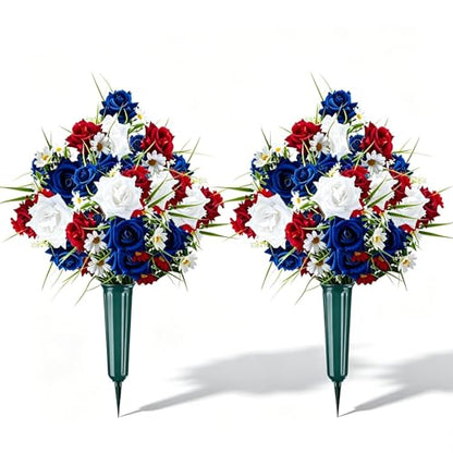 2 Set Artificial Patriotic Flowers Bouquet for Grave 4th of July Memorial Day Veterans Cemetery Decoration with Long Nail Vases Weatherproof Red White Blue Rose Daisy Floral American 250th Anniversary