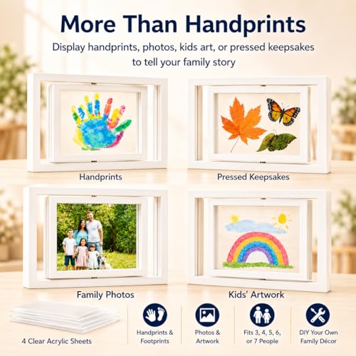 Family Handprint Frame Kit,White Dual Rotating Photo & Handprint Display, DIY Keepsake Craft with Wooden Frame, Non-Toxic Paints, Baby Hand & Footprint Kit, Gift for Grandparents & New Parents - color: White Frame, size: Dual Spin - Handprint & photo