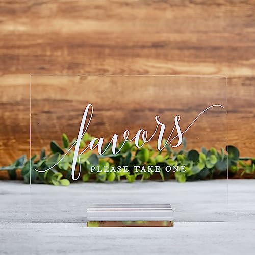 Acrylic Favors Sign for Wedding- 5x 7 Inch Glass Look Clear Favor Sign with Acrylic Stand, Cursive Font Wedding Signage for Reception & Party Event - size: 5" x 7" Favors Sign