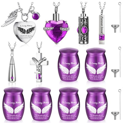 Ecation 12 Pcs Small Urn Cremation Jewelry Necklaces for Ashes Stainless Steel Keepsake Urns Memorial Locket Mini Ash Holders Waterproof for Human Adult Female Male Family Loved One (Purple) - color: Purple