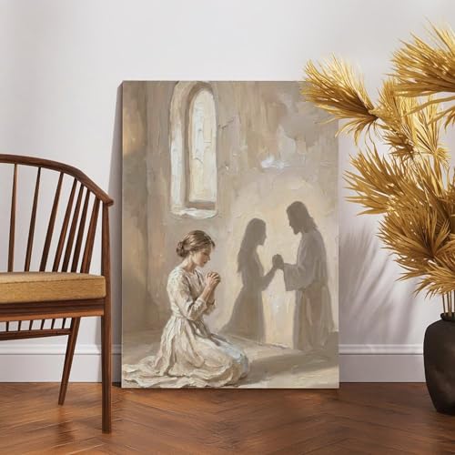 KERAXL Jesus Praying with Woman Canvas Wall Art, He Is With You Christian Painting, Neutral Bible Wall Art Print for Prayer Room Bedroom Frame-style-1 16x24inch(40x60cm) - color: Frame-style-1, size: 24L" x 16W"