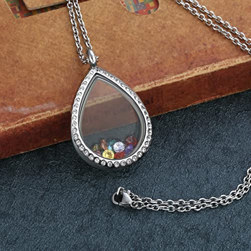 Jovivi Teardrop/Heart Floating Charm Memory Locket Necklace - 316 Surgical Stainless Steel Buckle Closure - color: Teardrop with Crystals