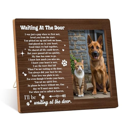 Pet Dog Cat Memorial Photo Frame - Waiting At The Door Dogs Wooden Tabletop Picture Frame - Sympathy Memorial Gifts For Loss Of Dog Cat Owner - In Loving Memory Rustic Frames Favors -04 - style: Rustic 1