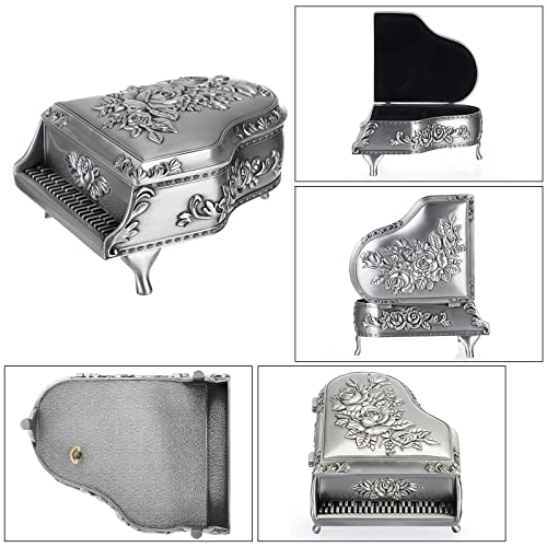 ELLDOO Vintage Piano Music Box, Silver Metal Wind Up Musical Jewelry Box Keepsake Box, Small Trinket Jewelry Storage Box Gift for Girl Women (Tune: You are My Sunshine)