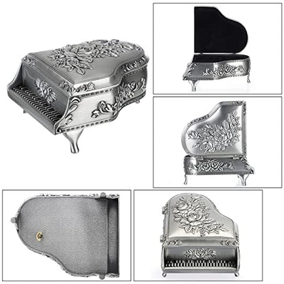 ELLDOO Vintage Piano Music Box, Silver Metal Wind Up Musical Jewelry Box Keepsake Box, Small Trinket Jewelry Storage Box Gift for Girl Women (Tune: You are My Sunshine)