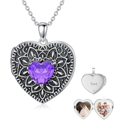 Heart Photo Locket Necklace 925 Sterling Silver Birthstone Gemstone That Holds 2 Pictures Locket Necklace Jewelry Gifts for Mother Women Mom Mother's Day Christmas Birthday - style: 02-Feb-Amethyst-Customize