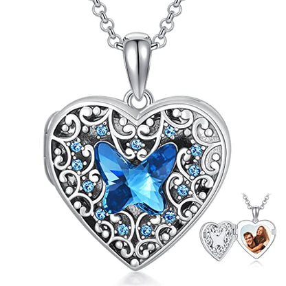 Dorunmo Personalized Locket Necklace 925 Sterling Silver that Holds Pictures Butterfly Birthstone Photo Heart Locket Custom Jewelry Congratulations New Beginnings New Job Gifts for Women - color: Butterfly Blue, style: Personalized Photo