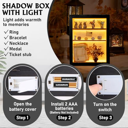 Shadow Box 14x11 Black Picture Frames Display Cases with LED Light,Memory Keepsakes Boxes with 4 Removable Trinket Shelf,for Anniversary Wedding Baby Graduates Memorial Collect-Distressed Retro - color: Black