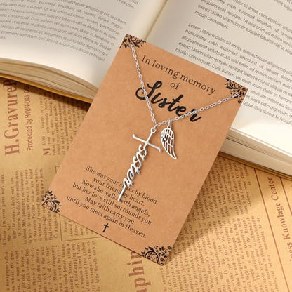 Lcherry Cremation Cross Necklace for Women - Angel Wing Faith Cross Necklace Memorial Gifts Religious Jewelry for Women - style: Sister