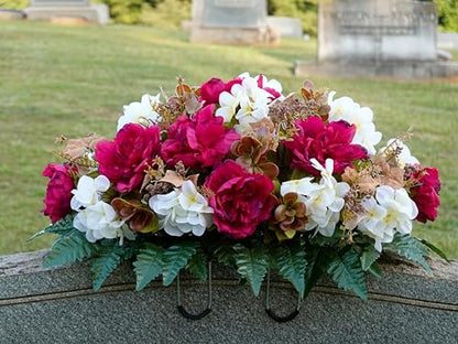 Artificial Cemetery Flowers - Grave Decoration - Fall Arrangement - 30" Long Plum Peony and White Hydrangea Saddle for Loved One's Headstone - size: Saddle