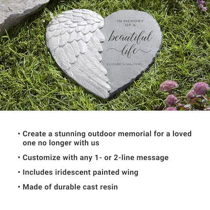 Let's Make Memories Personalized Memorial Garden Stone - Sympathy - Loss of Loved One - Condolences - Indoor/Outdoor - Durable Resin - 3D Iridescent Wing - Beautiful Life - style: In Memory