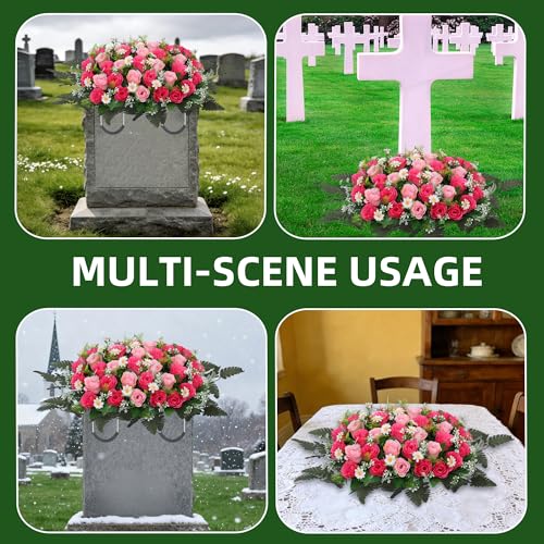 Wocst Headstone Flower Saddle,Large Artificial Cemetery Flowers for Grave Artificial Roses Daisy Saddle for Cemetery Headstone (Pink) - color: Pink