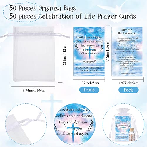 Fumete 150 Pcs Funeral Favors Include 50 Celebration of Life Prayer Cards 50 Memorial Seeds Glass Bottles with Cork Stopper (No Seeds) 50 Organza Bags for Loss of Loved One