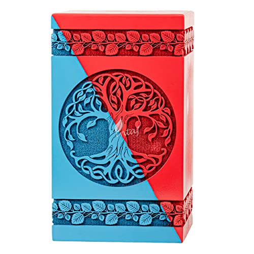 Wooden Cremation Urn for Human Ashes, 640 Cu in, XX-Large, Blue & Red | Hand-carved wood, blue and red, screw-locked sliding base, engraving available, holds two adults, to 640 lb combined - color: Blue & Red, size: XL - 14Hx7.5W (640 Cu/In)