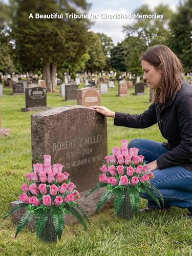 Mirevielyn 2-Pack 24-Stem Artificial Rose Cemetery Flowers with Vases - color: Pink (Soft Tone)