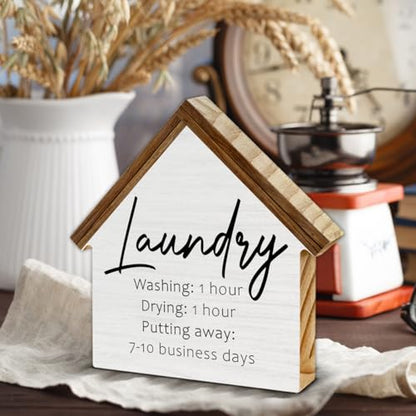 Laundry Room Decor, Washing Drying Putting Away House Shaped Wood Sign - color: loundry