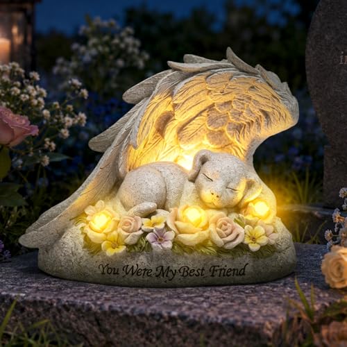 basen Solar Pet Memorial Garden Statue, Resin Dog Memorial Figurine with Angel Wings and Lighted Flowers, Outdoor Grave Decor Sympathy Gift for Yard Lawn Porch Patio Cemetery - color: Dog in Angel Wing