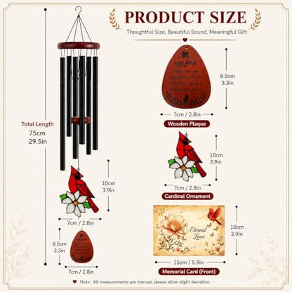 Cardinal Memorial Wind Chimes for Loss of Loved One, Lasting Sympathy Gift for Loss of Mother/Dad/Husband, Rustproof Aluminum for Outside Patio Porch Garden Decor