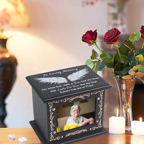 Wooden Urn Box for Ashes Cremation Urns for Human Ashes Adult Male or Female, Memorial Keepsake Urns with Photo Frame, Funeral Casket for Men Women, Burial Urn for Adults Up to 200 IBS-Wing - size: Wing