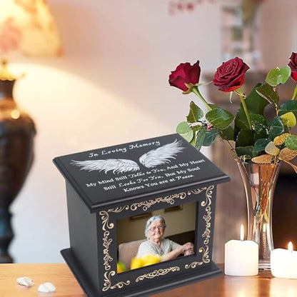Wooden Urn Box for Ashes Cremation Urns for Human Ashes Adult Male or Female, Memorial Keepsake Urns with Photo Frame, Funeral Casket for Men Women, Burial Urn for Adults Up to 200 IBS-Wing - size: Wing