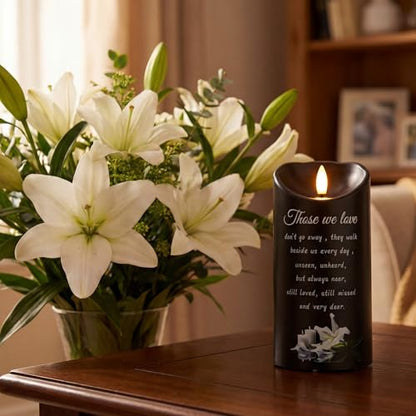 VIHOSE Sympathy Gifts for Loss of Loved One Memorial Candles LED Flameless Funeral Gifts Lily Candles Memorial Celebration Remembrance Bereavement Gift Battery Candle for Prayers(Black)