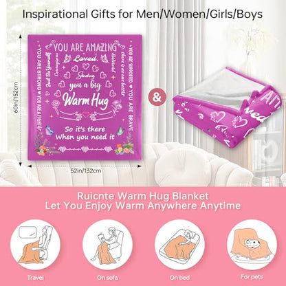 Warm Hug Get Well Birthday Gift for Women Throw Blanket 52'' x 60'' | You're Loved Mental Breakdown Recovery Gift with Inspirational sayings for Her,Grandma,Patients - color: Purple Pink Warm Hug