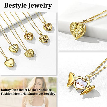 Bestyle Sterling Silver Heart Locket Necklace for Women, Dainty Cute Small Heart Locket Pendant in Gold/Rose Gold/Silver, Love Statement Jewelry Gift for Mother Wife - color: D1. Angel Wing-Gold-Locket Only, NO Custom