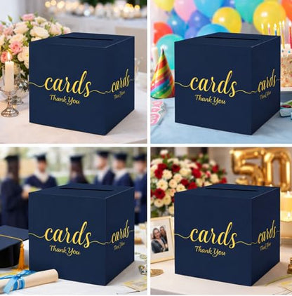 Blue and Gold Card Box for Party Graduation, Baby Bridal Shower, Birthday, Funeral, Wedding 7.8 x 7.8 x 7.8 In Gift Card Holder Box for Reception Raffle Voting Box with Slot - color: BlueGoldTks