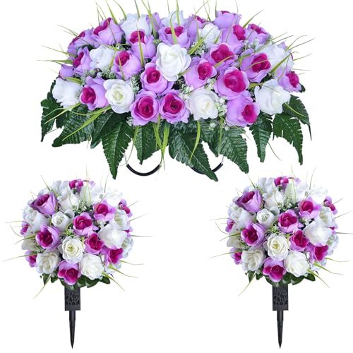 3 PCS Artificial Cemetery Flowers for Grave, Headstone Flower Saddle - color: Purple and White