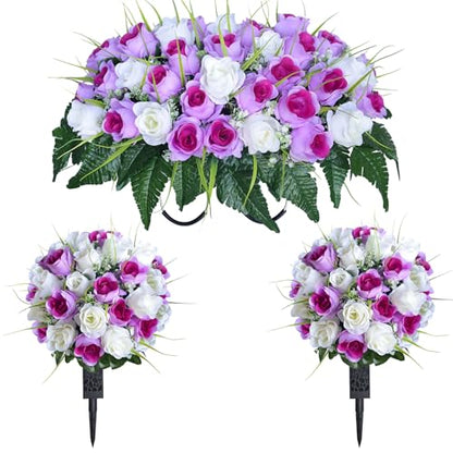 3 PCS Artificial Cemetery Flowers for Grave, Headstone Flower Saddle - color: Purple and White