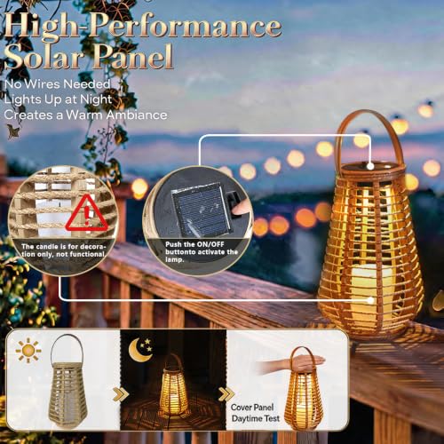 Hanging Solar Lanterns Outdoor Waterproof, Hand-Woven Hemp Rope,10x5.5 Inch