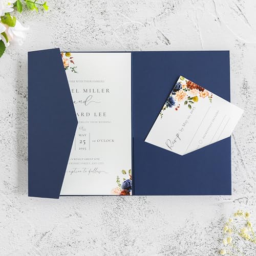 20 PCS Navy Blue Tri-fold Laser Cut Wedding Invitation Pockets for 5x7 Wedding Cards Bridal Shower Engagement Quinceanera Invitation - color: Navy Blue