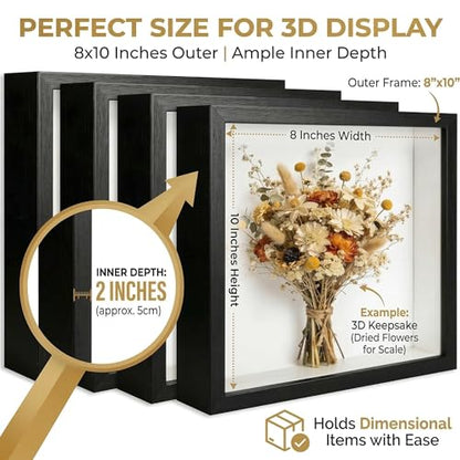 4 Pack Shadow Box Frame Display Cases, 8"x 10" Wood Deep Black Handicrafts Shadowbox for Flowers Jersey Wedding (Black) - color: Black