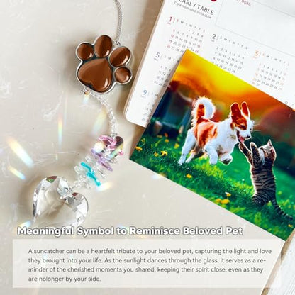 Dog Memorial Gifts, Pet Memorial Suncatcher, Loss of Dog Sympathy Gift | Thoughtful Dogs and Cats Bereavement Remembrance Gifts, Natural Cat's Eye Stone Paw Crystal Suncatcher - color: Coffee