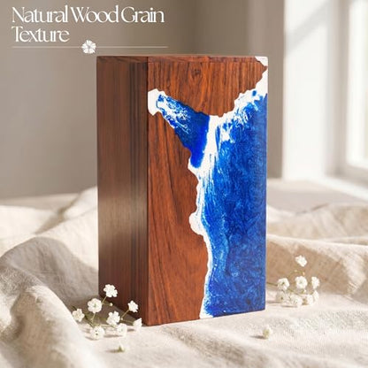 Handcrafted Rosewood Wooden Urn for Human or Pet Ashes – 11"x6"x6" Large Cremation Urn with Blue Resin Ocean Wave Inlay – Memorial Funeral Box for Adults up to 250 lbs - size: Large 250 cubic inches