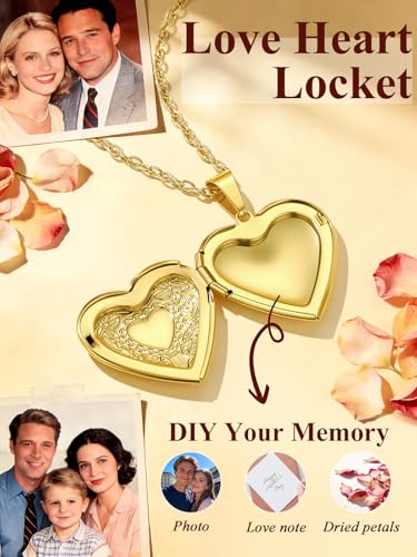 Custom4U Personalized Heart Locket Necklace with Pictures,Sunflower/Angel Wings/Heart Shaped Lockets Custom Photo,Gold/Rose Gold/White Lockets That Holds Picture,Customized Memorial Jewelry for Women - color: B-Heart-Gold(Locket Only)