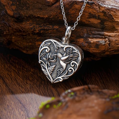 Tree of Life Urn Necklace for Ashes, S925 Sterling Silver Hummingbird/Cross/Love Heart Pendant Cremation Jewelry with Funnel Filler Memorial Keepsake Gifts for Women Men - color: Hummingbird Urn Necklace