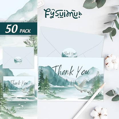 FYSUIMU 50Pcs Funeral Thank You Cards Watercolor Mountain Sympathy Cards with Message Bereavement and Envelopes & Matching Stickers for Funeral Family Loved Ones Celebration of Life