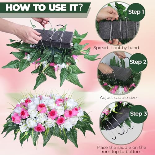 3 PCS Artificial Cemetery Flowers for Grave, Headstone Flower Saddle - color: Pink and White