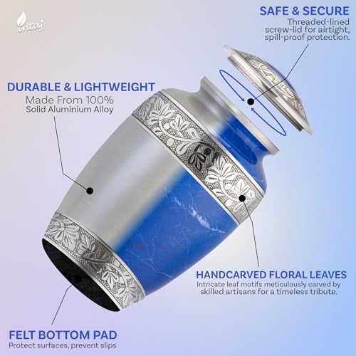 Marble Finish Metal Cremation Urn for Human Ashes, 200 Cu in, Blue - color: Blue, size: Large