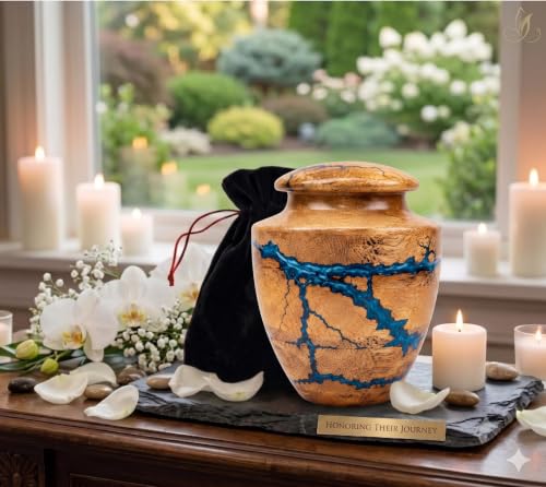 Wooden Handcrafted Urn (Small Keepsake (20 lbs)) in Capacity. Decorative urn for Ashes Blue Raising Urn for Man and Women Burial and Funeral Urn Handcrafted Unique Fractal Burning Design - size: Small keepsake (20 lbs)