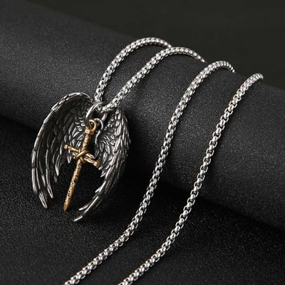 HZMAN Angel Wing Necklace for Men Women Stainless Steel Gothic Punk Angel Wing Cross/Angel Pendant Faith Amulet Jewelry Gift - color: Cross