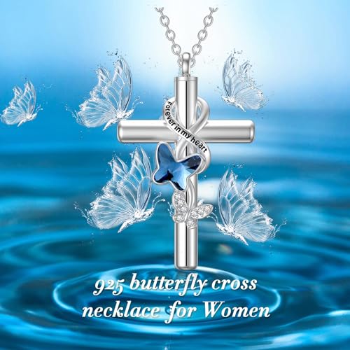 Cross Urn Necklace for Ashes 925 Sterling Silver Cremation Jewelry with Funnel Filler Kit Ashes Necklace for Human Women Girl Pets - color: A_Blue Butterfly Urn Necklace, style: Personalized