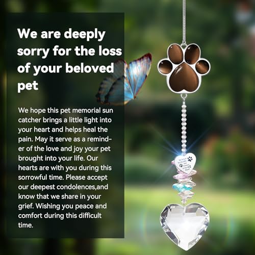 Dog Memorial Gifts, Pet Memorial Suncatcher, Loss of Dog Sympathy Gift | Thoughtful Dogs and Cats Bereavement Remembrance Gifts, Natural Cat's Eye Stone Paw Crystal Suncatcher - color: Coffee